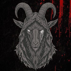 May include: A detailed embroidery design featuring a goat head with large curved horns, textured fur, and glowing white eyes. One eye has a white liquid drip effect. The goat is centred against a black background with red paint splatters.