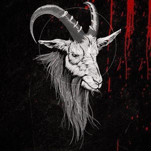 May include: A white line art illustration of a goat head with long curved horns and a shaggy beard, centred within a thin white circle. The background is black with vertical red paint-like drips running down the right side of the composition.