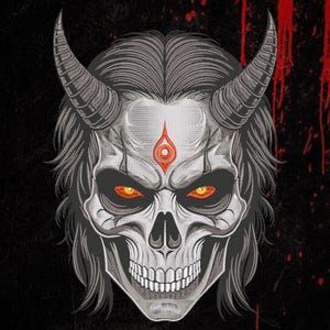 May include: A graphic illustration of a horned skull with long hair, featuring glowing orange eyes and a central orange forehead mark. The design is rendered in shades of gray and white against a black background with red paint-like splatters.