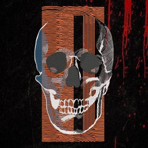 May include: A graphic illustration of a human skull centered over a rectangular background of horizontal orange lines. The skull features white cross-hatched line work, dark gray eye sockets, and a nasal cavity, set against a black background with red paint splatters.