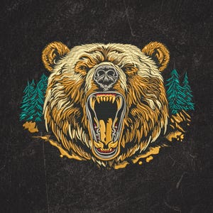 May include: Embroidered illustration of a roaring bear with a detailed design. The bear is depicted with a wide open mouth, showcasing its teeth. The color palette includes shades of brown, gold, and red, with teal trees on a black background.