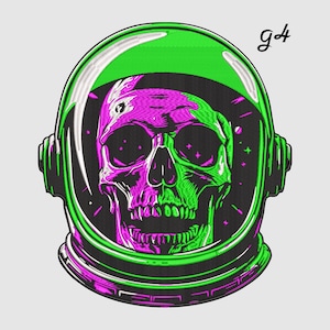 May include: A neon green and purple skull design inside an astronaut helmet. The skull is split into green and purple sections, with stars visible in the background. The helmet has a green visor and black accents. The text "g4" is in the upper right corner.