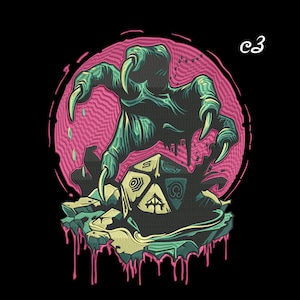 May include: A black graphic design featuring a green clawed hand emerging from a pink circle, reaching for a multi-sided die. The die rests on a rocky surface with pink dripping accents. The text "c3" is in the upper right corner.