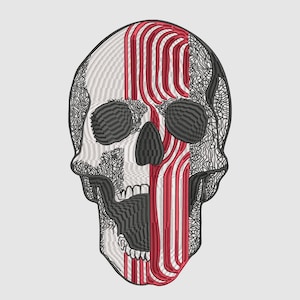 May include: Embroidered skull design with a striking visual contrast. The left side is white with intricate detailing, while the right features red and white stripes. The skull's eye sockets and mouth are black, creating a bold, graphic aesthetic.