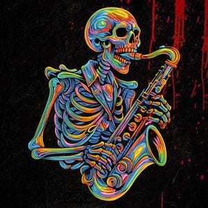 Desenho de bordado de saxofone esqueleto – Estampa psicodélica de caveira de jazz, patch digital neon, download instantâneo
