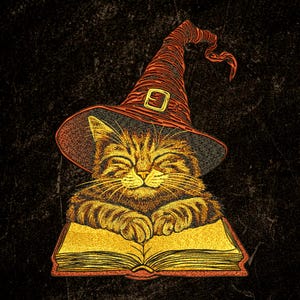 Puede incluir: Ilustración de un gato atigrado con un sombrero de bruja, descansando sobre un libro abierto. El gato tiene los ojos cerrados y las patas cruzadas. El sombrero es naranja con un borde negro y una hebilla dorada. El libro es amarillo con ribete rojo.