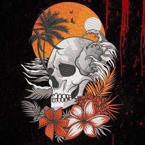 May include: Embroidered design featuring a skull with tropical elements. The skull is set against an orange sunset with palm trees, waves, and flowers. The color palette includes orange, white, grey, and black.