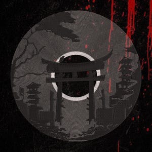 May include: A circular embroidered patch featuring a black and grey landscape design. The image depicts a torii gate centred in front of a white circular moon, with silhouettes of trees and a multi-tiered pagoda structure against a dark background.