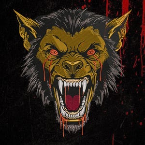 May include: An embroidered patch featuring a snarling werewolf head with golden fur, sharp white fangs, and glowing red eyes. Red liquid drips from the eyes and mouth against a dark background with red splatter accents on the right side.