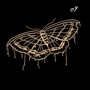 May include: A gold-colored butterfly design with dripping accents on a black background. The butterfly's wings feature intricate detailing, and the design includes the text "c7" in the upper right corner. This design is suitable for apparel and accessories.