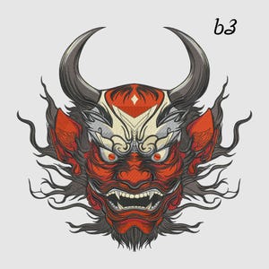 Peut inclure: Illustration détaillée d'un masque Oni rouge, blanc et noir avec de grandes cornes et des dents pointues. Le masque présente des détails complexes et une expression féroce, avec le texte "b3" en haut à droite.