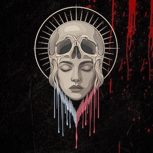 May include: A graphic illustration featuring a human face with closed eyes, topped by a skull and a circular halo. The lower portion of the face features liquid drips in light blue on the left and pink on the right, set against a black background.