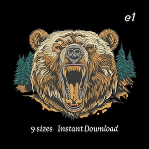 Peut inclure: Motif brodé d'une tête d'ours rugissant, gueule ouverte, montrant les dents et la langue. L'ours est brun et beige, avec des arbres verts de chaque côté. Le texte indique "9 tailles Téléchargement instantané" et "e1" en haut à droite.