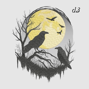 May include: An embroidered design featuring two black ravens perched on a tree branch, silhouetted against a large yellow moon. Bare tree branches and flying birds complete the spooky scene. The text "d3" is in the upper right corner.