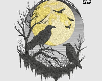 Raven Moon Embroidery – Gothic Crow Silhouette Design, for Jackets or Patches, Halloween Digital File, Spooky Dark Art DST PES EXP