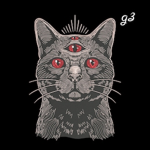 Puede incluir: Ilustración de un gato negro con tres ojos rojos y un tercer ojo encima de los otros dos. El gato tiene bigotes blancos y un contorno blanco. El fondo es negro y el texto "g3" está en la esquina superior derecha.