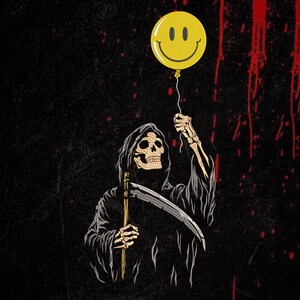 Grim Reaper Balloon Embroidery Design: Dark Humor Goth Patch (Digital Download)