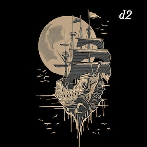 May include: An illustration of a sailing ship against a full moon, with birds in flight. The ship has a vintage design, with detailed rigging and tattered sails. The background is black, and the moon is a light tan colour.