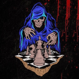 May include: A graphic illustration featuring a skeletal figure in a blue hooded robe reaching toward a chess set on a checkered board. The figure has bony hands and a skull face. The chess pieces include a king, knight, and pawns on a floating base.