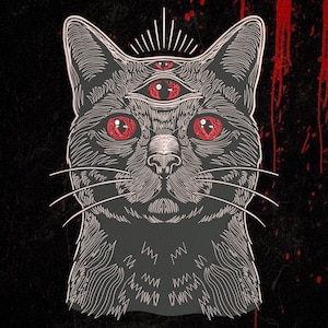 Könnte beinhalten: Eine grafische Illustration eines schwarzen Katzenkopfes mit drei Augen, leuchtend roten Iris und weißen Linienzeichnungen des Fells. Die Katze hat lange Schnurrhaare und ein drittes Auge auf der Stirn, vor einem dunklen Hintergrund mit roten Tropfen.