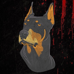 May include: An embroidered patch featuring the head of a Doberman Pinscher dog. The design uses black and dark gray thread for the coat, with vibrant golden-yellow accents on the ears, muzzle, and above the eyes, set against a black background.