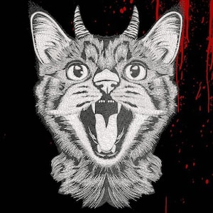 May include: A detailed monochrome illustration of a cat's face, featuring an open mouth with visible teeth and small horns. The image is set against a black backdrop with red splatter effects. The cat's fur is finely rendered.