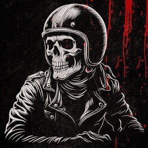 May include: Black and white illustration of a skull wearing a motorcycle helmet and leather jacket. The artwork has a grunge aesthetic with red splatter details on a dark background. The skull's teeth are visible.