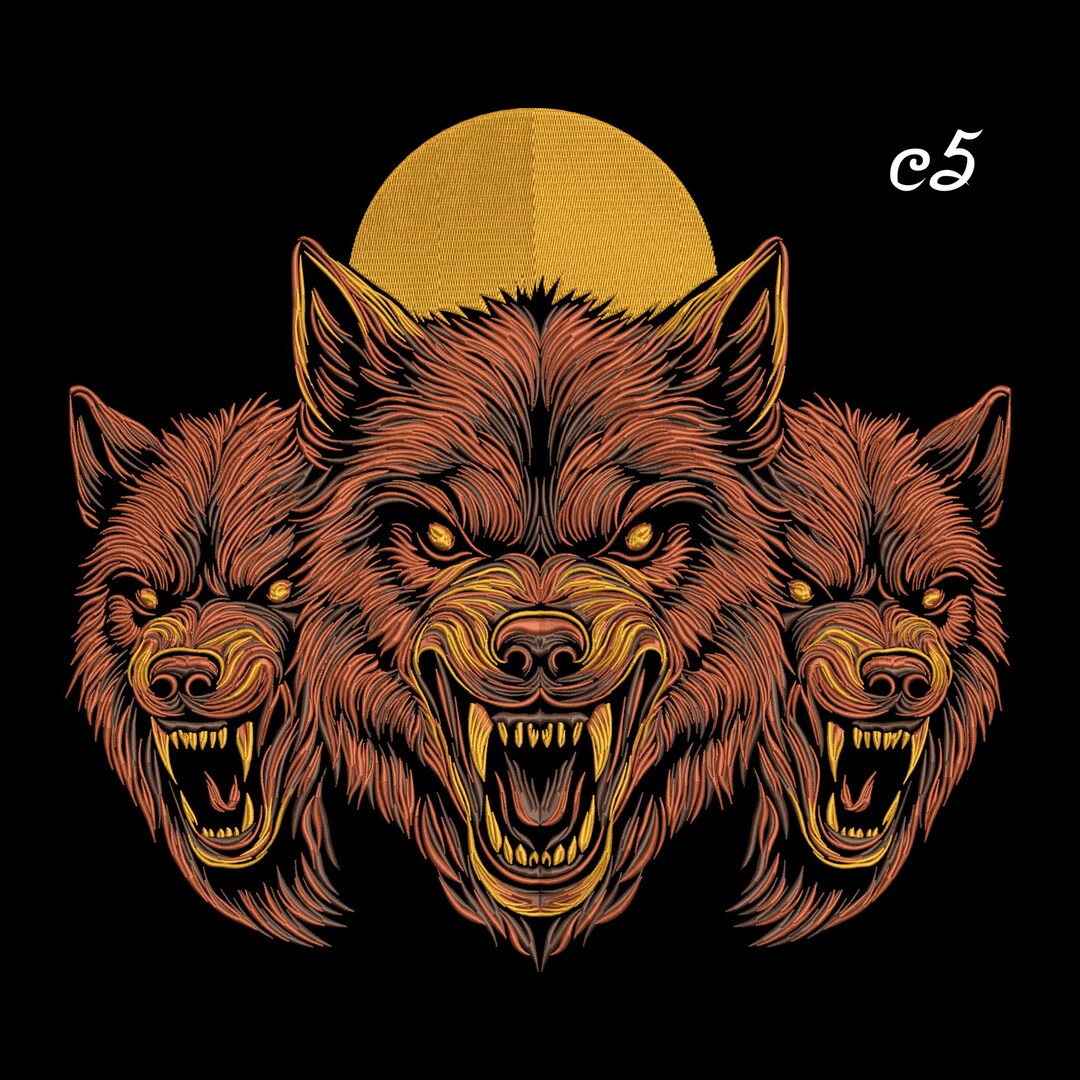 Wolves Dst Cerberus Hellhound Embroidery Patch – Triple Headed Demon Wolf for ...
