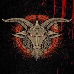 May include: A detailed graphic illustration of a goat head with large curved horns, glowing red eyes, and a pentagram symbol on its forehead. The goat is centred within a circular orange sunburst pattern against a dark, textured background.