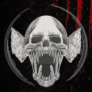 May include: An embroidered patch featuring a white skull with bat-like wings and an open mouth showing sharp fangs. The design is set against a black background with thin white circular lines and red paint-like splatters on the right side.