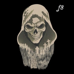 May include: A detailed illustration of a skull wearing a hooded cloak, set against a black background. The design includes a graveyard scene with tombstones and a stone path. The text "f8" is in the upper right corner.