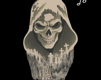 Puede incluir: Ilustración detallada de una calavera con una capa con capucha, sobre un fondo negro. El diseño incluye una escena de cementerio con lápidas y un camino de piedra. El texto "f8" está en la esquina superior derecha.