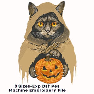 Diseño de bordado de gato negro para Halloween: gato gótico espeluznante con calabaza, archivo de bordado de arte oscuro, fecha de caducidad de Pes, parche y decoración para chaqueta DIY