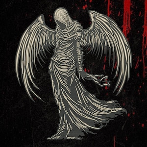 May include: An embroidered patch featuring a hooded, winged figure in off-white thread against a black background. The figure wears a long, flowing robe with detailed line work, and the design is accented by red splatters on the black fabric.