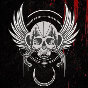 May include: A graphic illustration featuring a central white skull with stylized wings extending outward. The skull is framed by concentric circular lines and geometric patterns, with a crescent moon shape positioned below on a black background.