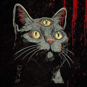 Könnte beinhalten: Eine grafische Illustration einer schwarzen Katze mit drei gelben Augen, einer roten Nase und roten Akzenten an den Ohren. Die Katze ist vor einem dunklen Hintergrund mit vertikalen roten Streifen dargestellt, die an Farbtropfen erinnern.