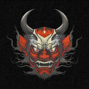 Borduurontwerp Oni-demon – Japans masker in tattoo-stijl, groot patchbestand op de achterkant, Gothic Horror Samurai-borduurwerk, DST PES EXP downloaden
