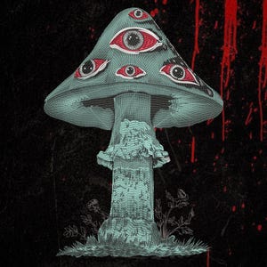May include: An embroidered patch featuring a teal mushroom with multiple realistic eyes on its cap. The eyes have red irises and black pupils. The mushroom stem has a ruffled ring, and the base is surrounded by small embroidered plant details.