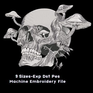 Mushroom Skull Embroidery Design for Jacket Back Patch – Gothic Dark Art, Large Machine Embroidery File (DST PES EXP)