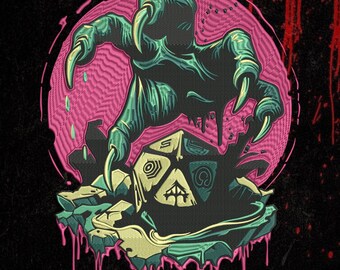 May include: A graphic design featuring a green clawed creature reaching down toward a multi-sided die with geometric symbols. The scene is set against a circular pink background with a moiré pattern, surrounded by black and pink dripping liquid.
