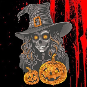 Puede incluir: Ilustración de Halloween de una bruja esquelética con un sombrero gris alto con una hebilla naranja. La bruja tiene pelo largo y ondulado y ojos naranja brillante. Dos calabazas talladas con caras sonrientes están en la parte inferior. El fondo es negro con rayas rojas.