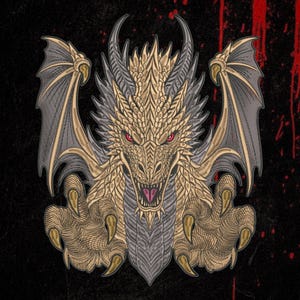 May include: An embroidered patch featuring a golden dragon head with sharp horns, red eyes, and an open mouth showing a pink tongue. The dragon has large, detailed wings and two clawed hands reaching forward, set against a black background.