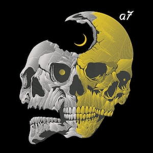May include: A detailed illustration of a skull, split vertically. One half is gray, the other is yellow. A yellow crescent moon is in the upper center. The text "a7" is in the upper right corner. The background is black.