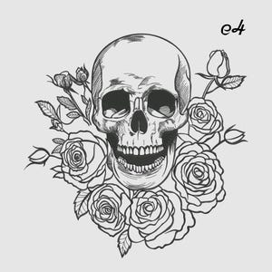 May include: A black and white illustration of a human skull surrounded by roses. The skull has an open mouth, and the roses are in various stages of bloom. The image has the text "e4" in the upper right corner.