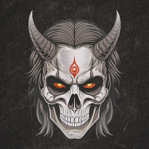 May include: A detailed illustration of a skull with large horns and long hair. The skull is white with a red dot on the forehead and glowing orange eyes. The background is a textured dark gray.