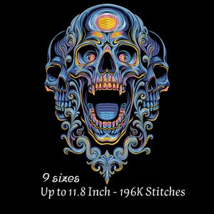 Neon Skull Stickdatei, Psychedelisches Gothic Totenkopf Muster, Dark Art Patch für Streetwear Jacken, High Detail Stickdatei DST PES EXP