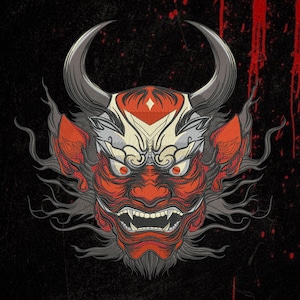 Op de afbeelding: Een grafische illustratie van een Japans Hannya-masker met een felrood gezicht, scherpe witte hoektanden, gloeiende rode ogen en grote grijze hoorns. Het ontwerp bevat gedetailleerde zwarte lijnen en vloeiende details op een zwarte achtergrond.