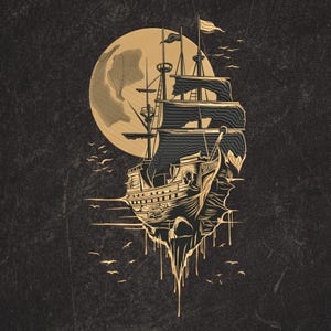 Puede incluir: Ilustración detallada de un barco pirata navegando frente a una luna llena. El barco es negro y dorado, con velas ondeantes y múltiples mástiles. La luna es de color beige claro, y hay pájaros volando en el cielo. El fondo es gris oscuro texturizado.