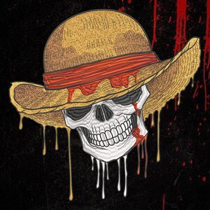 May include: An embroidered design featuring a human skull wearing a tan straw hat with a red band. The hat and skull are depicted with dripping liquid effects in shades of red, white, and yellow against a dark, textured black background.