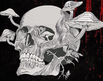 May include: A detailed black and white illustration of a skull with mushrooms growing from it. The skull has visible teeth and eye sockets, with several mushrooms sprouting from the top and sides. The background is black with red accents.